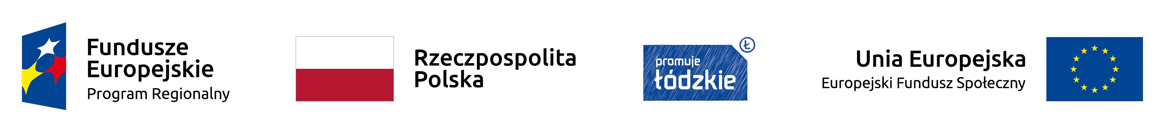Logo: Fundusze Europejskie, Rzeczpospolita Polska, Promuje Łódzkie, Unia Europejska